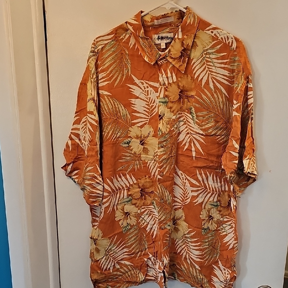 Mens Orange Casual Button Down Shirt with Tropical Print
